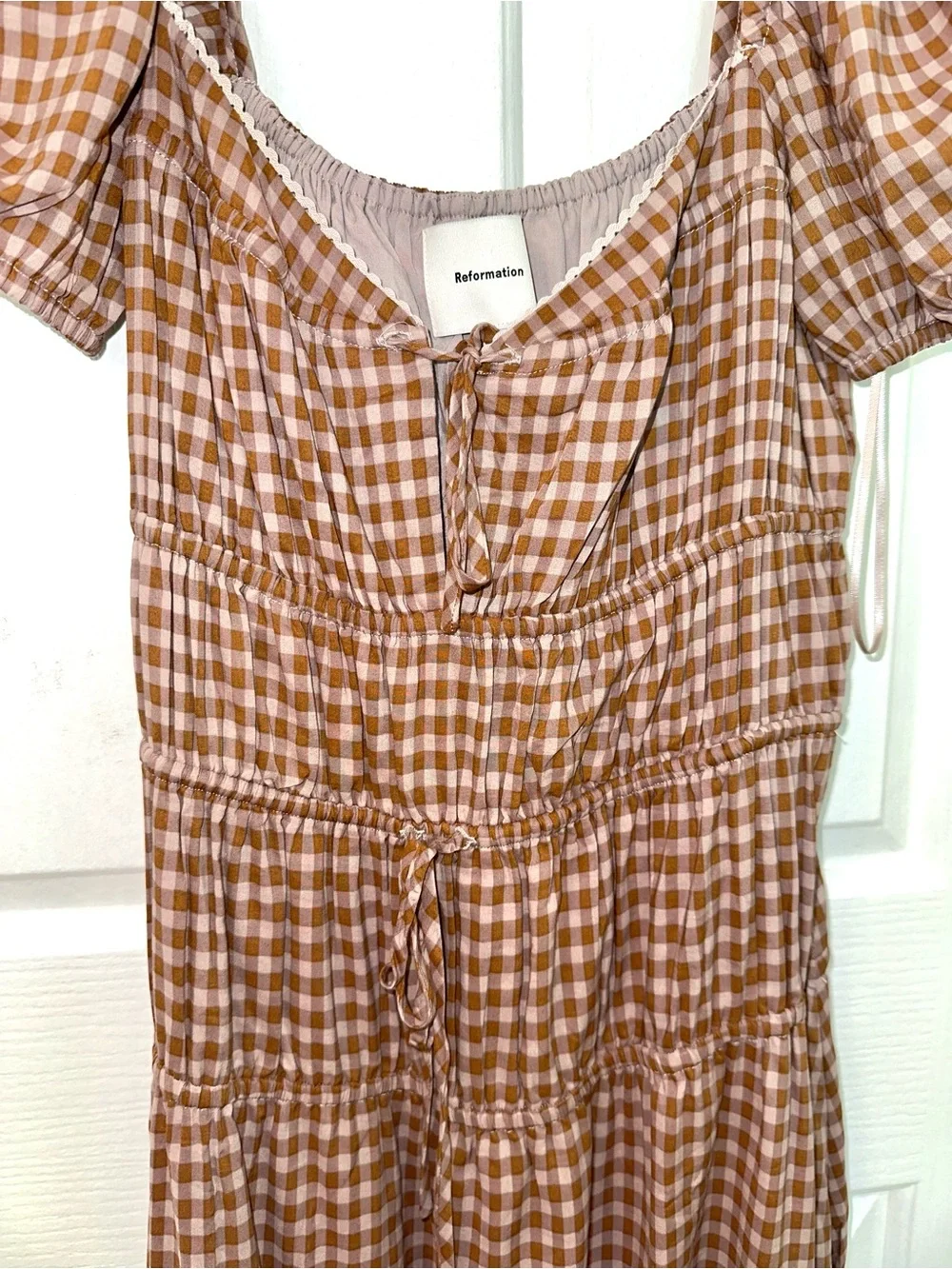 Reformation Brown Gingham Puff-Sleeve Midi Dress - Picture 4 of 6